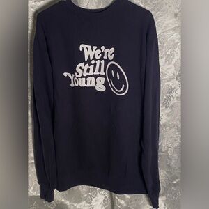 Fanjoy “We're Still Young” Navy Crewneck Sweatshirt Sz. L 44”C  27”L